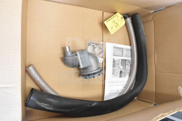 Top Mount Pedestal Kit in box with hoses, metal fitting, clamps, and instruction manual. Includes installer warning tag.