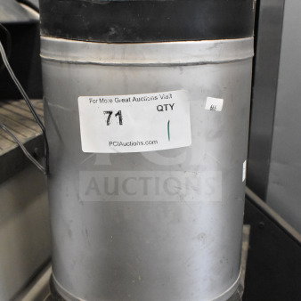 Stainless steel K1109(2) keg with black rubber handles and base. Visible label reads "71" and "PCIAuctions.com". Used condition.