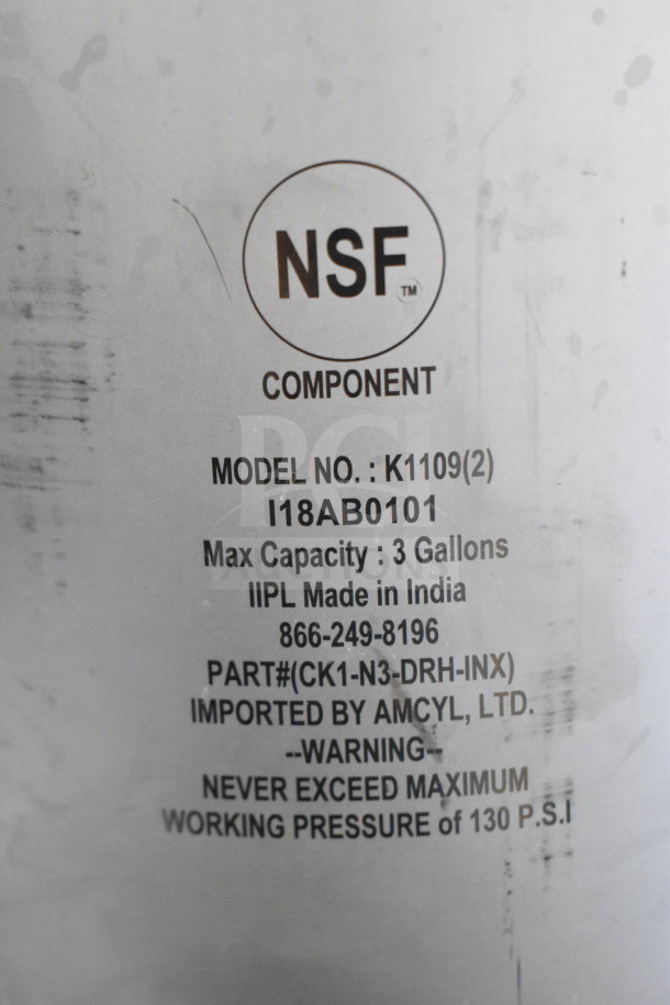 Keg model K1109(2), 3-gallon capacity, NSF certified, made in India, max pressure 130 PSI, imported by AMCYL.