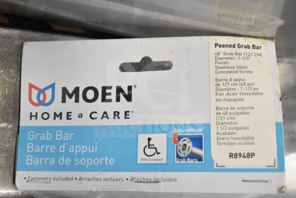 Moen grab bar, 48-inch, stainless steel, peened finish, diameter 1.5 inches. Includes SecureMount hardware, model R8948P.