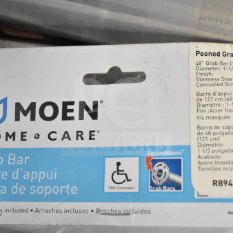 Moen grab bar, 48-inch, stainless steel, peened finish, diameter 1.5 inches. Includes SecureMount hardware, model R8948P.
