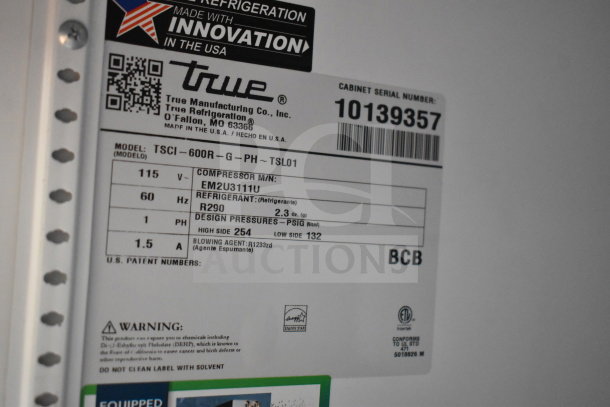 Label of the True TSCI-600R-G-PH Cooler, showing specs: 115V, 1 Phase, model TSCI-600R-G-PH, refrigerant R290.