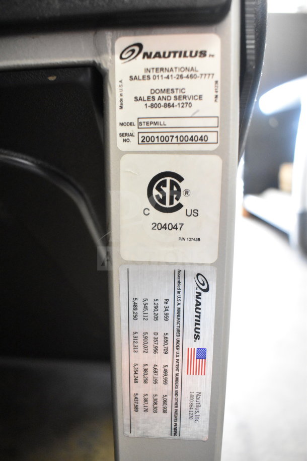 Nautilus StairMaster Stepmill 7000PT label, showing model, serial number, CSA certification, and U.S. patent details.