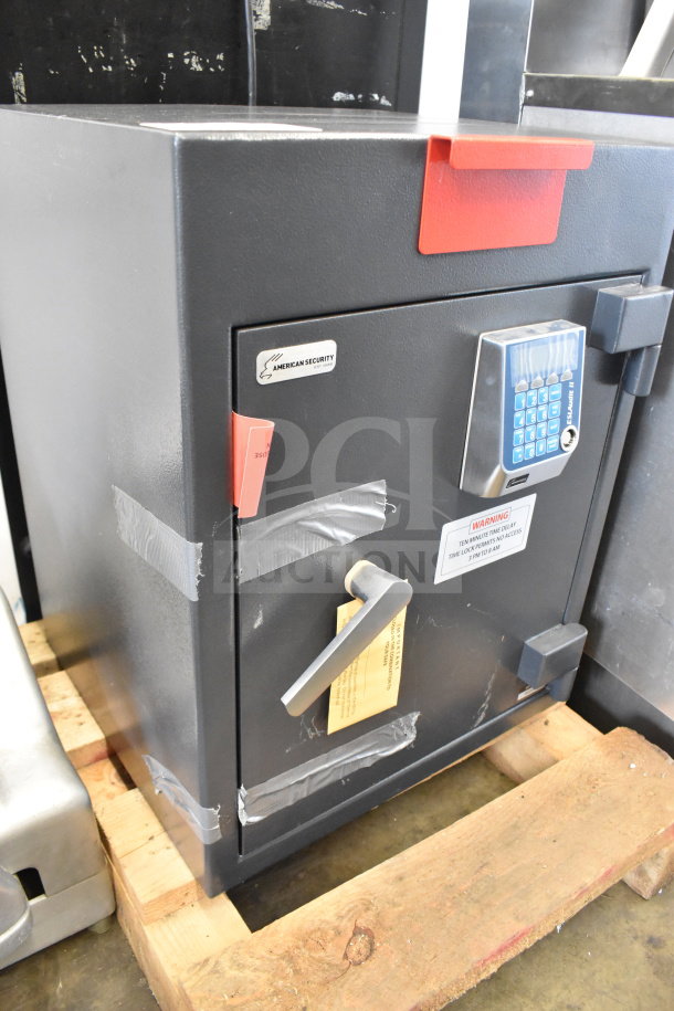 Commercial single compartment safe by American Security, gray, digital lock, visible duct tape, worn condition, no combination included.