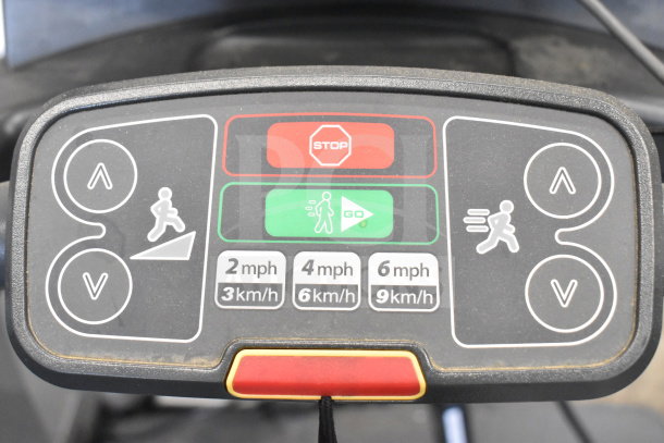 Life Fitness ATV15-XXXA-02 treadmill control panel with speed settings and stop/go buttons.