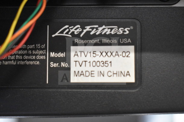 Life Fitness treadmill label, model ATV15-XXXA-02, serial number TVT100351, made in China.