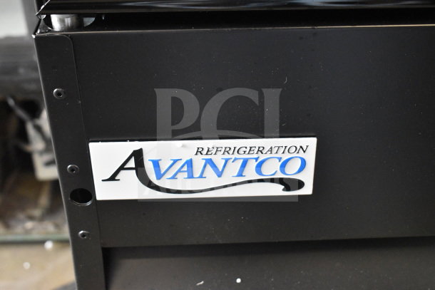 Avantco 178GDC49FHCB black commercial freezer; scratch and dent condition, brand label visible, LED lighting, 115V.