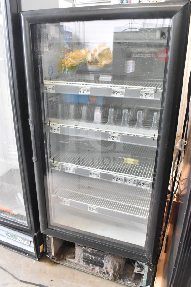 Imbera VR10 Commercial Single Door Reach In Cooler Merchandiser, 115 Volts, 1 Phase, black frame, visible tags, fair condition.