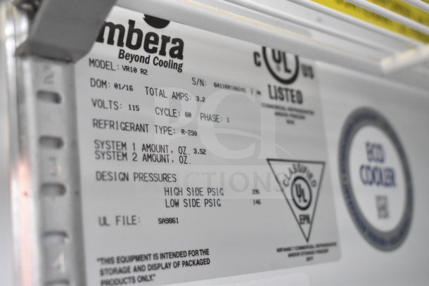 Imbera VR10 cooler label showing 115 volts, 1 phase, R-290 refrigerant, UL listed.