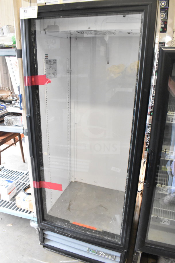 2017 True GDM-12-HC-LD single door cooler, 115 volts, 1 phase, excellent condition, glass door, interior label visible.