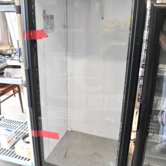 2017 True GDM-12-HC-LD single door cooler, 115 volts, 1 phase, excellent condition, glass door, interior label visible.