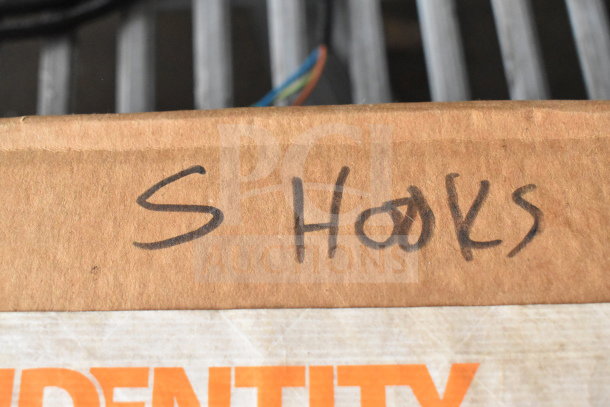 Cardboard box labeled "S Hooks" with handwritten text, indicating contents. Slightly worn condition.