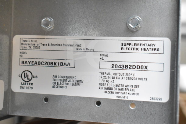 BAYEABC20BK1BAA Supplementary Electric Heater Unit, Trane model, UL listed, 19.20/14.40 kW, serial 2043B2DD0X, new condition.