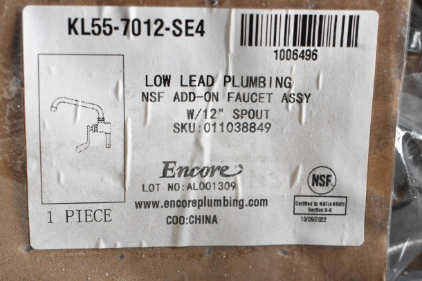 New Encore faucet with handles, NSF certified, 12" spout. Model KL55-7012-SE4. Low lead plumbing. Box shows minor damage.