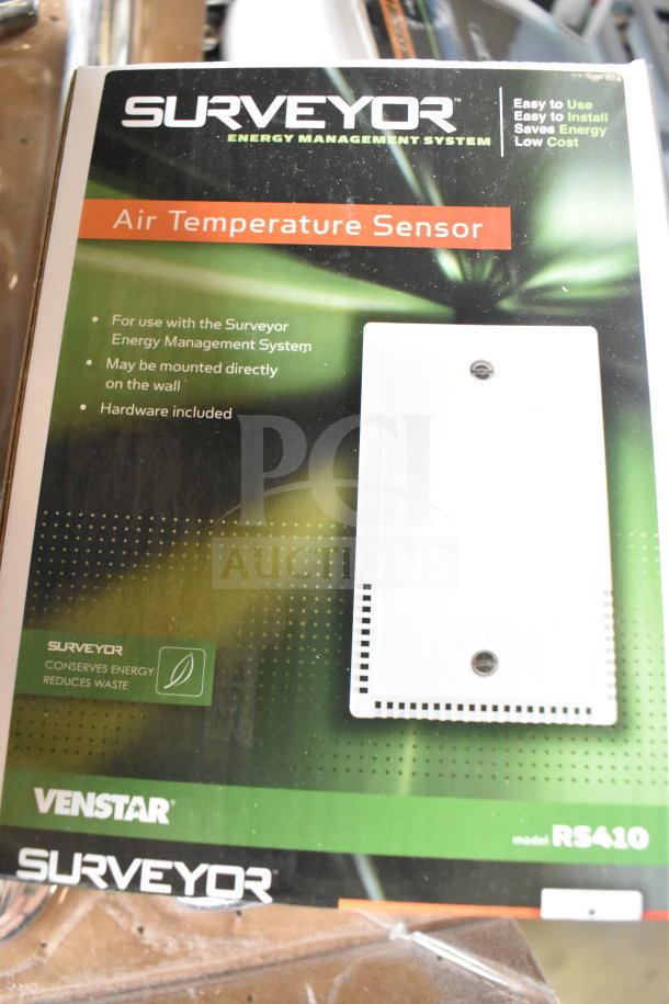 Surveyor Air Temperature Sensor, model RS410. New, slight damage. Includes hardware for wall mounting. Venstar brand.