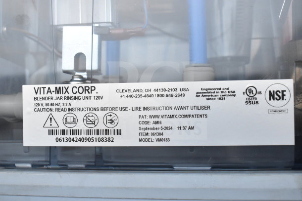 Brand new Vita-Mix VM0183 blender jar rinsing unit, 120V, 1 phase. NSF listed, includes caution label and contact info.
