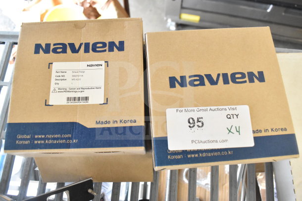 Navien Exhaust Plunge boxes, labeled with part name and code, made in Korea, includes four items per auction bid.