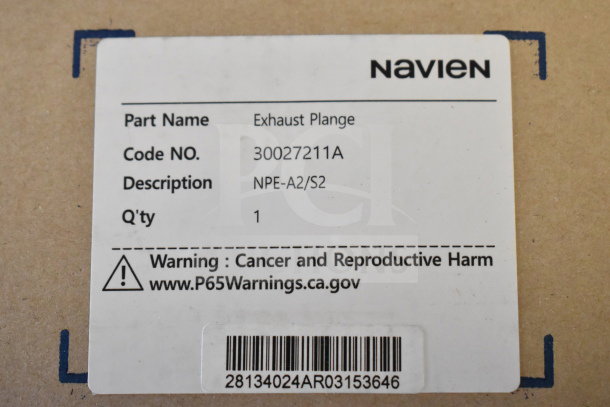Navien Exhaust Plange, Code 30027211A, Description NPE-A2/S2, Qty 1, warning label for cancer risk.