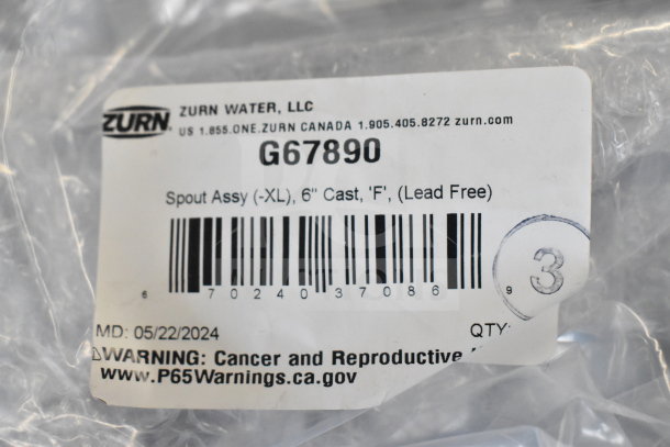 Zurn Water LLC G67890 Spout Assy label, 6" Cast, 'F', Lead Free, includes barcode and warning for reproductive harm.