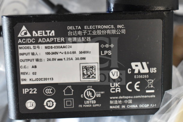 Delta AC/DC Adapter, Model MDS-030AAC24, input 100-240V, output 24.0V 1.25A, 30.0W. Made in China, UL listed.
