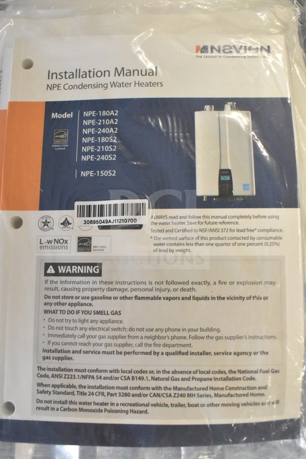 Navien installation manual for NPE condensing water heaters, models NPE-180A2 to NPE-240S2. Includes warnings and compliance info.