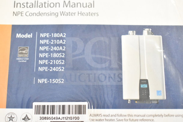 Alt text: "Installation manual for NPE Condensing Water Heaters, models NPE-180A2 to NPE-240S2, Energy Star certified."