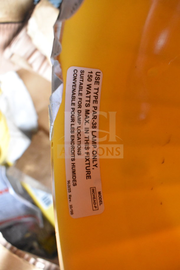 RP-H-40-P dock loading light with label indicating use of 150W PAR-38 lamp, suitable for damp locations. Model INCHHEAD-P.