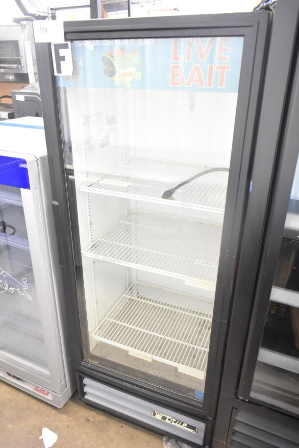 True GDM-12 commercial single door cooler, 115V, 1 Phase. Clear glass door, three wire shelves, visible "Live Bait" sign.