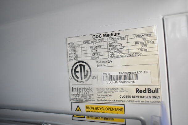 GDC RB-GDC Eco LED Cooler label showing specifications: 115V, 8cu.ft volume, R600a refrigerant, 30W power.