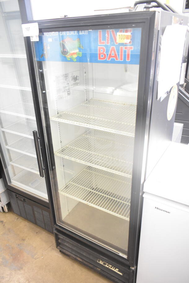 True GDM-12 single door cooler merchandiser with glass front, shelves, and “Live Bait” signage. Model GDM-12, 115V, 1 Phase.