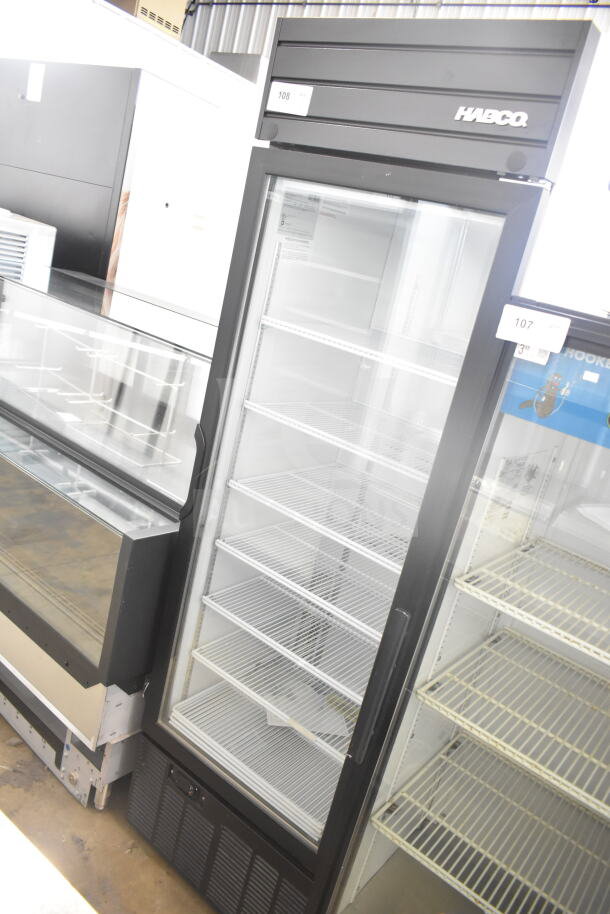 2019 Habco SE18 commercial single door reach-in cooler with glass front, multiple shelves, in good condition. 115 volts, 1 phase.