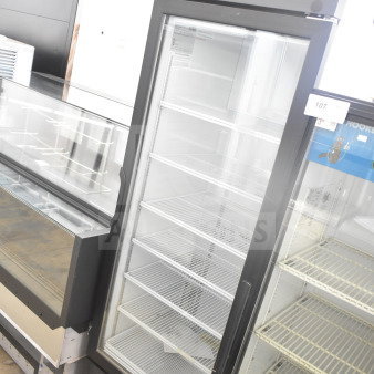 2019 Habco SE18 commercial single door reach-in cooler with glass front, multiple shelves, in good condition. 115 volts, 1 phase.