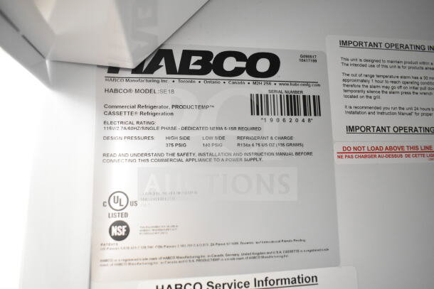 2019 Habco SE18 Commercial Single Door Reach In Cooler label showing model, electrical rating, and certification details.