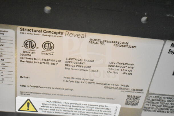 Structural Concepts NR6051RRSV.8106 deli display case label. Shows model, serial number, specs, and ETV Intertek certification.