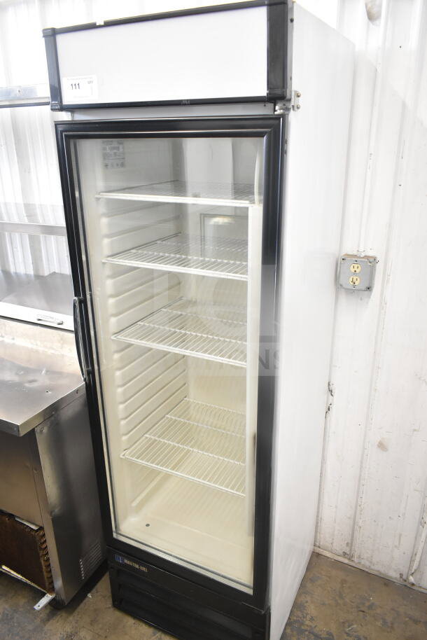 Master-Bilt BGR-14R single door reach-in cooler merchandiser, 115 volts, with wire shelves, in good condition.