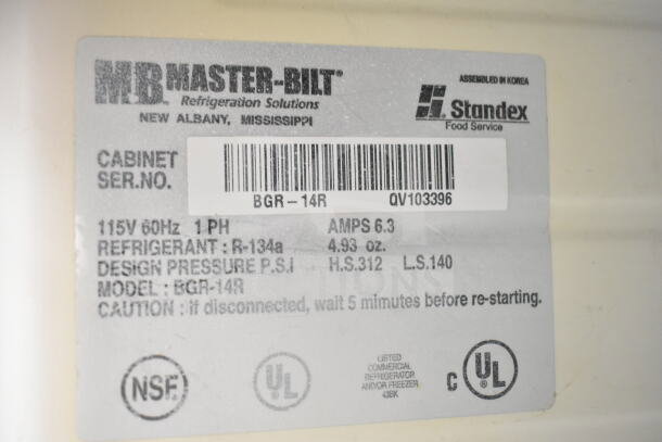 Master-Bilt BGR-14R commercial single door reach-in cooler label with model, voltage, and refrigerant details.