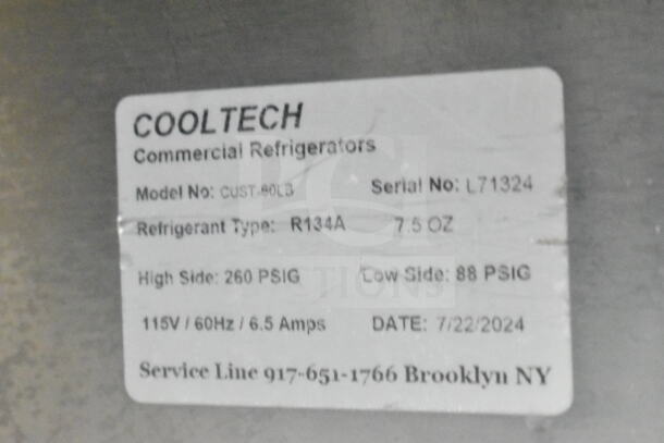 2024 CoolTech CUST-60LB Undercounter Cooler label; 115V, R134A refrigerant, serial L71324, service in Brooklyn, NY.