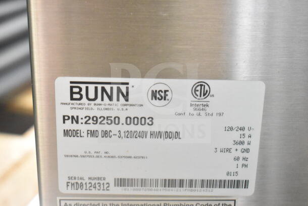 Bunn FMD DBC-3 commercial cappuccino machine label, 120/240V, 1 phase, model details, NSF certified.