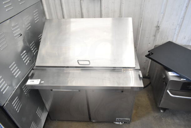 2022 Coldline SMP-36 commercial sandwich prep table, missing back lid part, 115 volts, 1 phase, sleek stainless steel design.