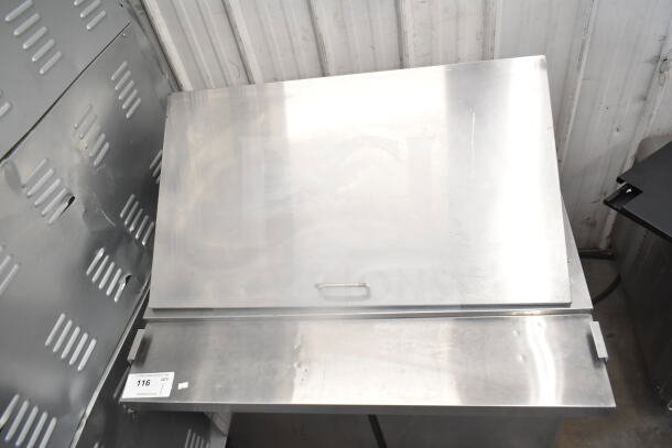 2022 Coldline SMP-36 salad prep table; missing back lid part. 115V, 1 phase. Visible auction tag with number 116.