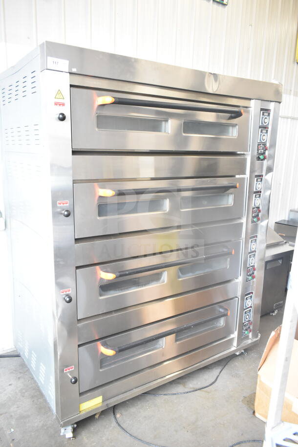 Lusi YCO-4-16D commercial propane 4 deck bakery oven, stainless steel, excellent condition, visible control panel, safety labels.