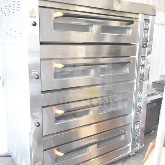 Lusi YCO-4-16D commercial propane 4 deck bakery oven, stainless steel, excellent condition, visible control panel, safety labels.