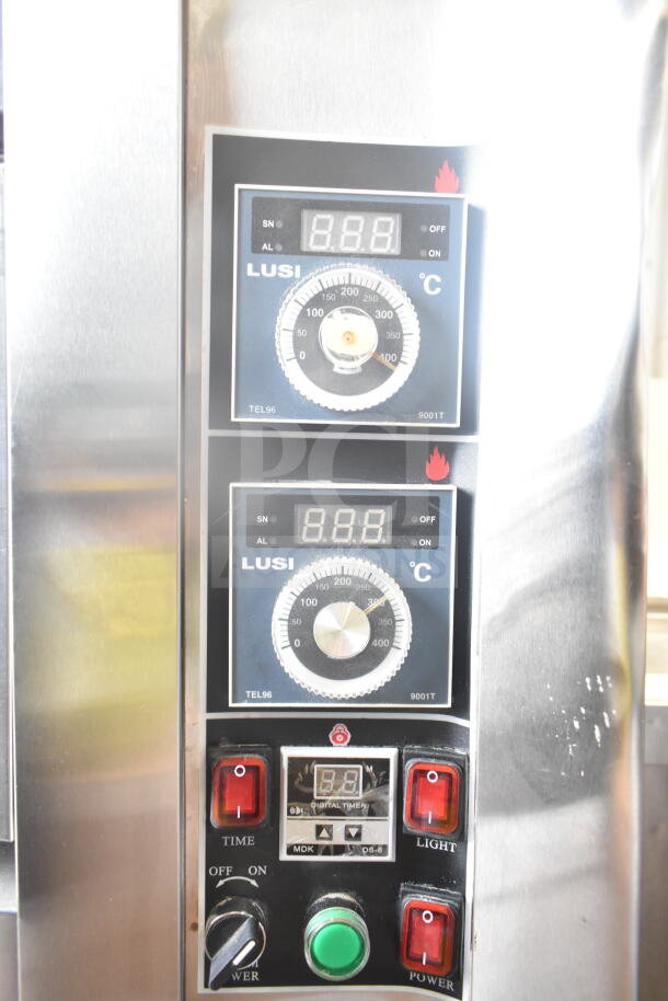 Lusi YCO-4-16D commercial propane gas 4-deck oven control panel; digital display, temperature knobs, power and light switches.
