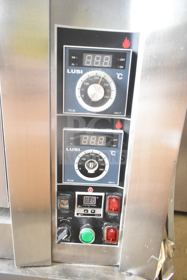 Lusi YCO-4-16D commercial propane gas oven control panel, digital timer, temperature settings, power switches.