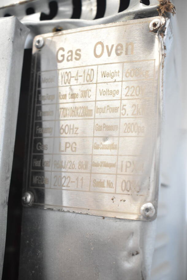Lusi YCO-4-16D commercial propane gas oven label, showing specifications and manufacturing date, November 2022.
