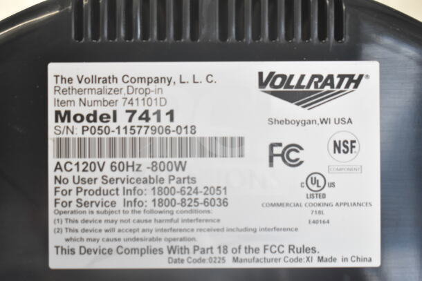 Vollrath 7411 Commercial Soup Kettle Food Warmer, 120V, 800W, UL and NSF certified label shown, model and serial numbers listed.