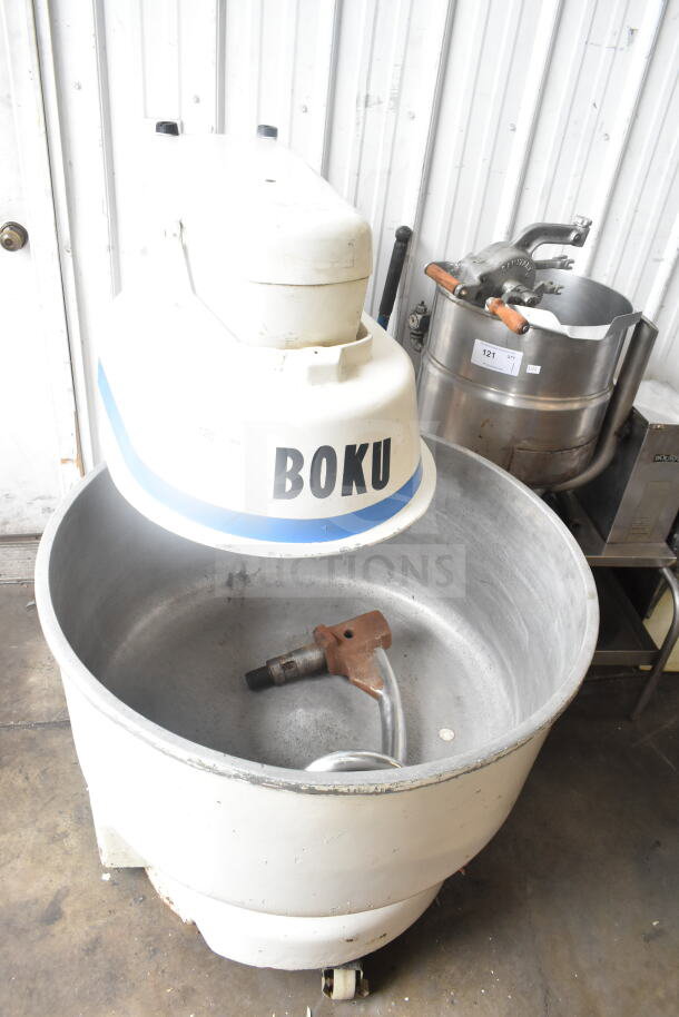 Boku commercial spiral mixer with mixing bowl, dough hook attachment, and 120/208-240 volts label. Durable condition.