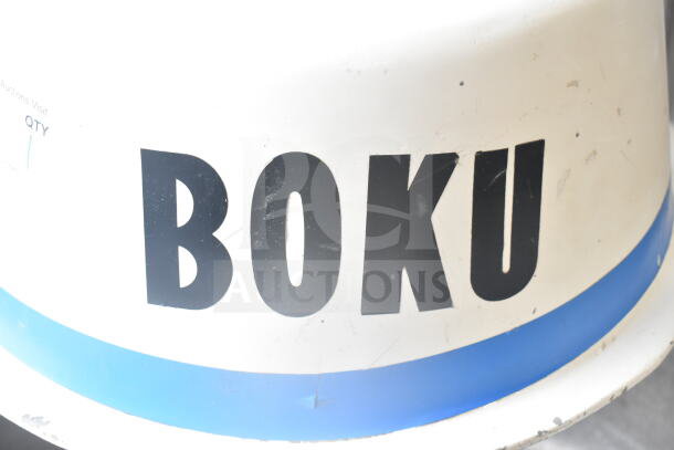 Boku Commercial Spiral Mixer with mixing bowl and dough hook. Operates on 120/208-240 volts. Brand label visible.