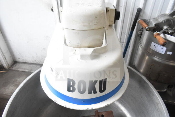 Boku Commercial Spiral Mixer with mixing bowl and dough hook, labeled 120/208-240 Volts. Sturdy, industrial design.