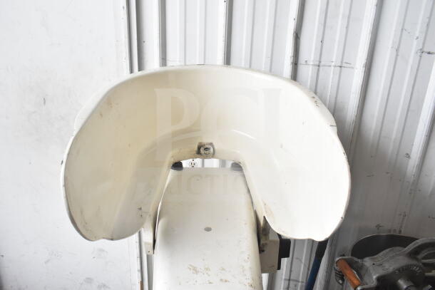 Boku Commercial Spiral Mixer, shown with mixing bowl and dough hook attachment, 120/208-240V, white, used condition.